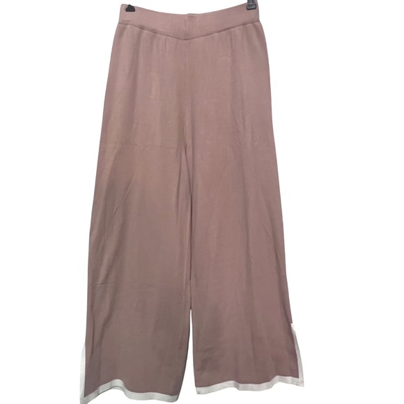 Pants - Womens Wide Leg Knit Lounge Pants Med Pink Viscose Nylon PBT Trimmed Side Slits
